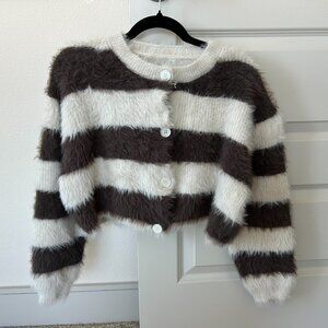 Brown Fluffy Striped Button-Up Fuzzy Knit Cardigan